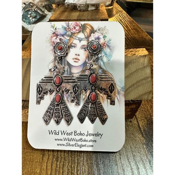 Metal Native Thunderbird Post Dangle Earrings in Red - Picture 6 of 8